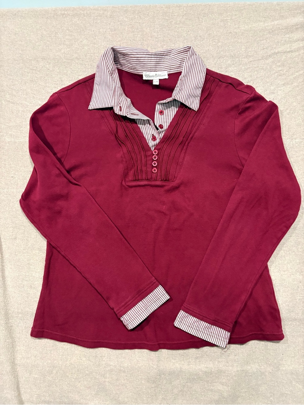 Vintage Layered-Look V-Neck Fooler Sweater with Striped Collar - Burgundy. Large - Picture 1 of 12